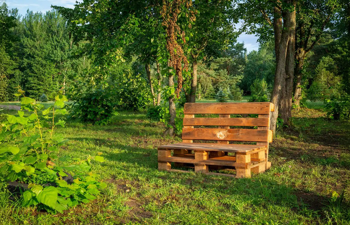 Banc en palettes de bois installé dans un jardin verdoyant, illustrant un projet DIY de mobilier de jardin éco-responsable et créatif.